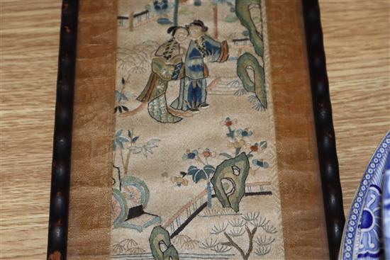 A pair of Chinese embroidered silk polychrome sleeve bands, framed